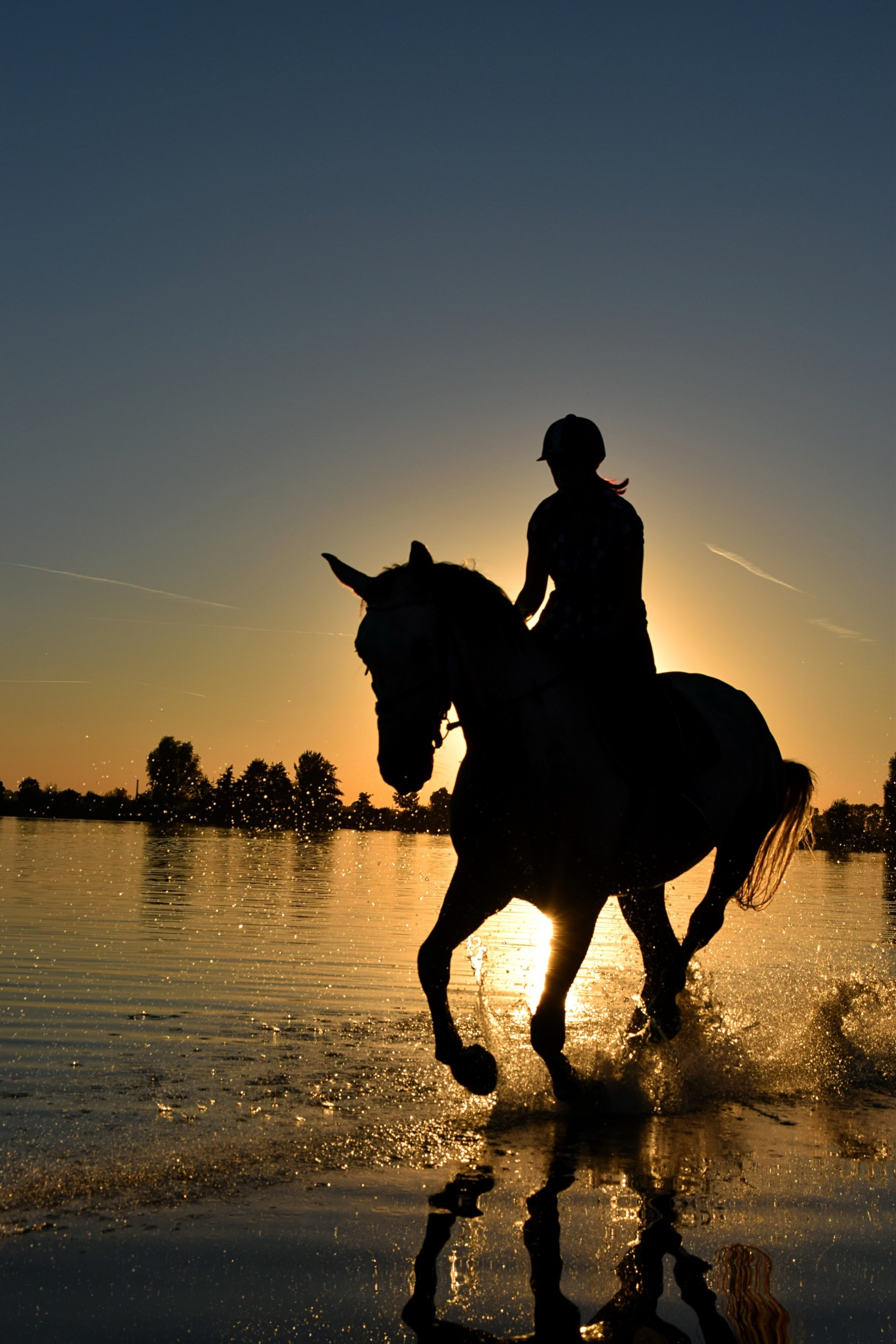 Una persona montando a caballo en el agua al atardecer.